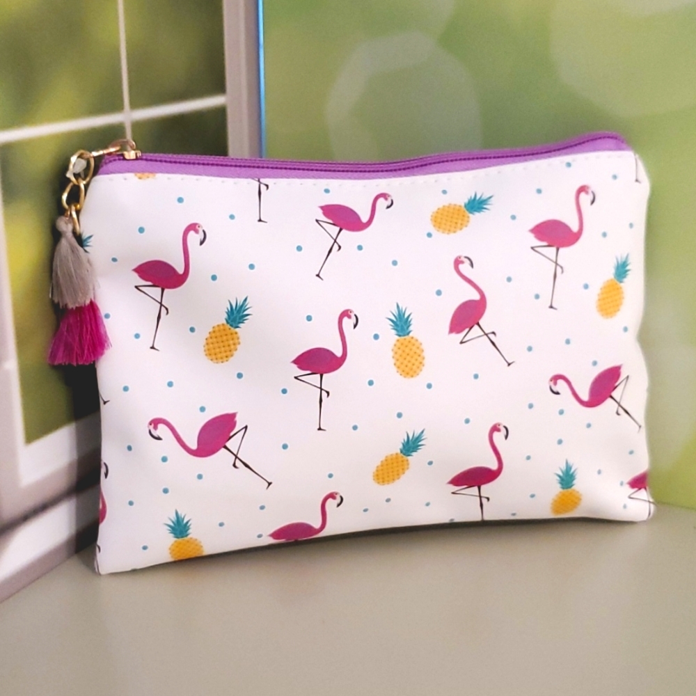 Flamingo and pineapple graphic pouch make up bag tassel zipper pull